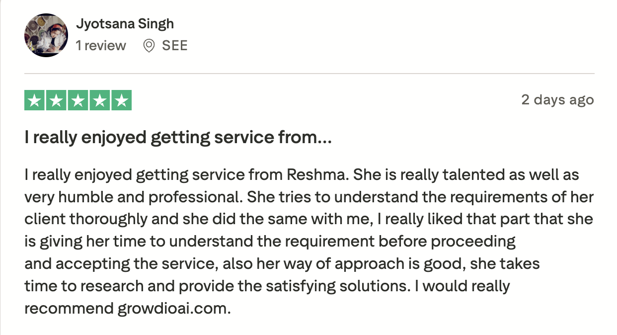 Trustpilot review by Jyotsana Singh: 5 stars - I really enjoyed getting service from Reshma. She is really talented as well as very humble and professional.