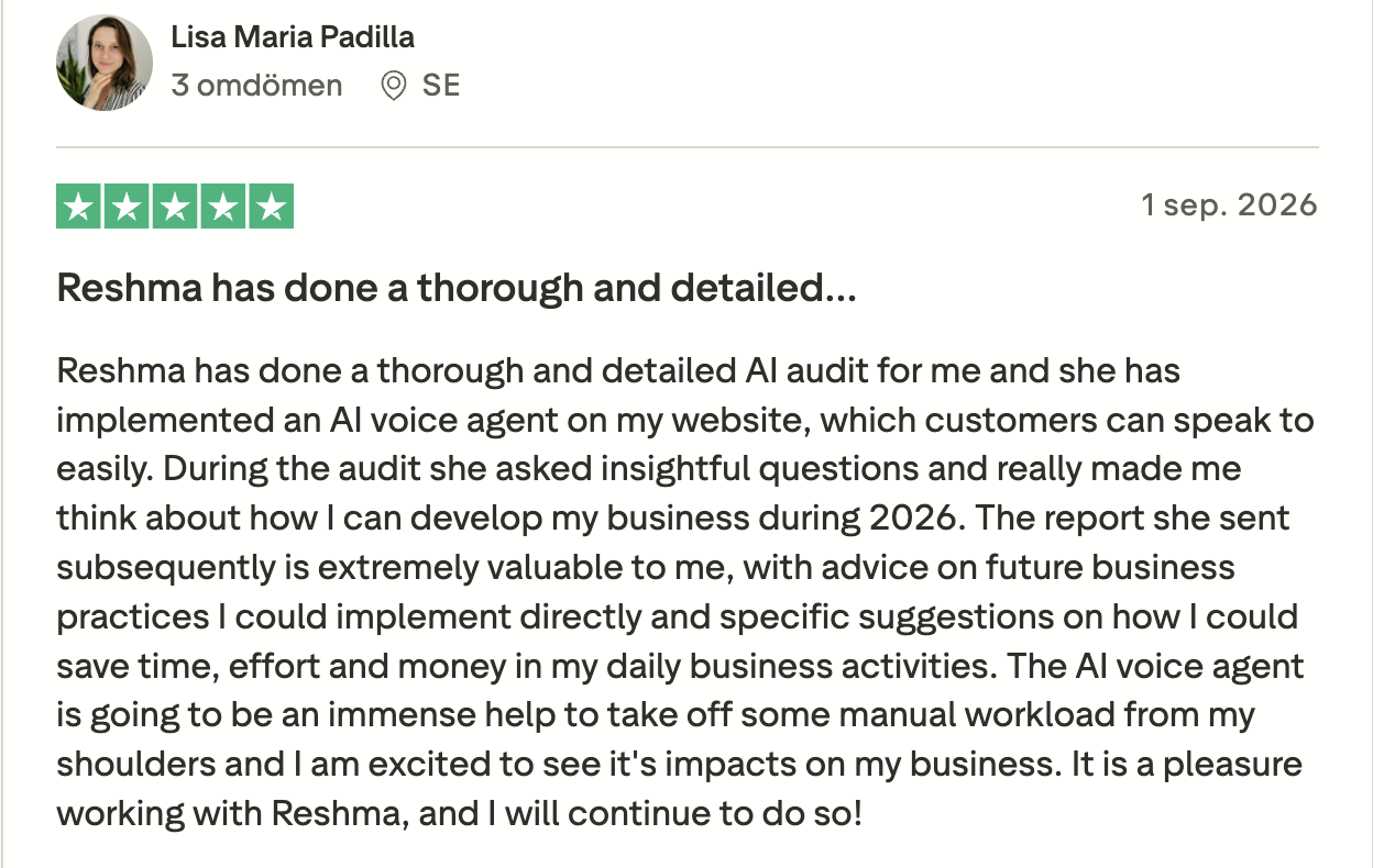 Trustpilot review by Lisa Maria Padilla: 5 stars - Reshma has done a thorough and detailed AI audit for me. It is a pleasure working with Reshma, and I will continue to do so!